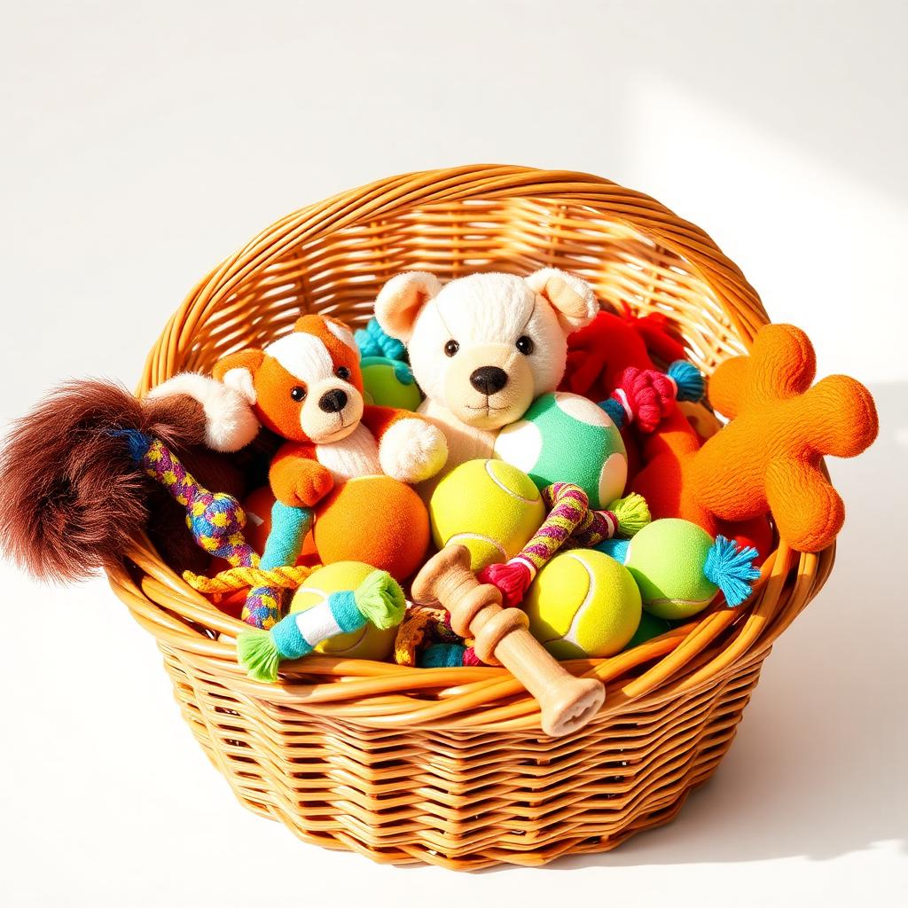 Basket overflowing with new colorful dog toys ready to be donated to shelter dogs