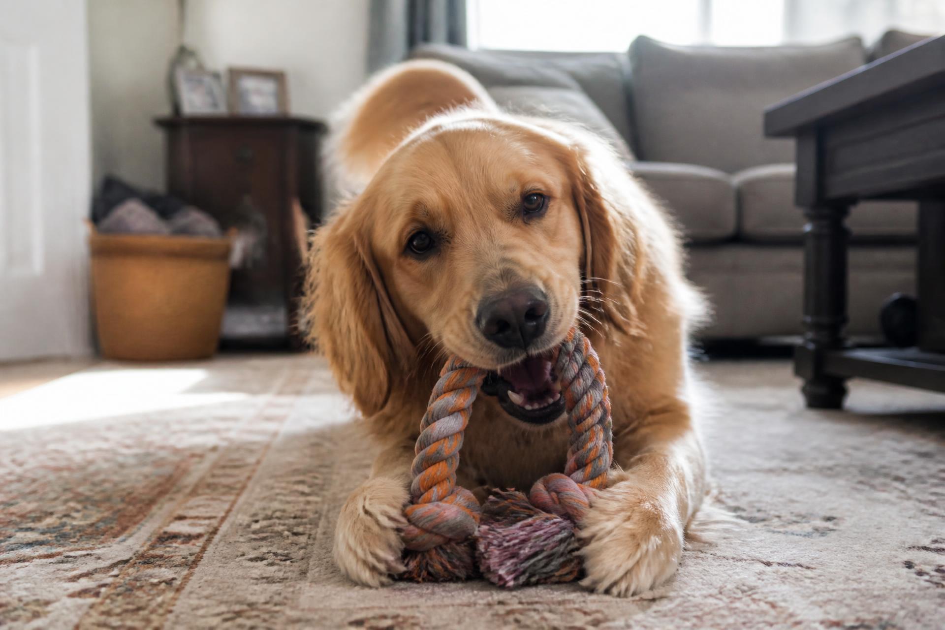 Happy golden retriever jumping to catch a blue rope toy