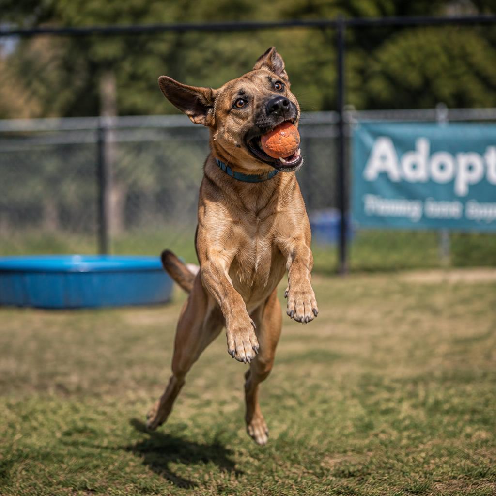 Rescue dog leaping to catch a bright orange ball in a shelter play yard