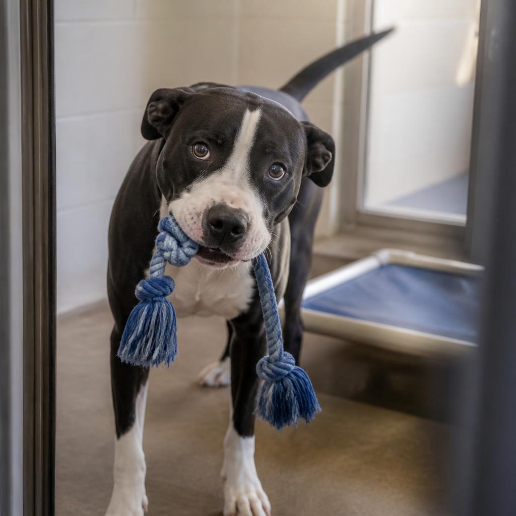 Black and white shelter pit bull mix holding a new blue rope toy