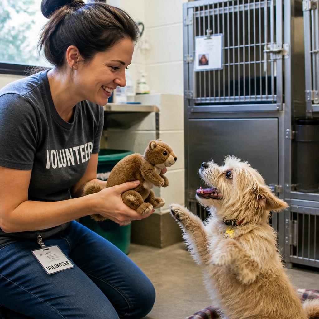 Shelter volunteer handing a plush squirrel toy to a happy terrier